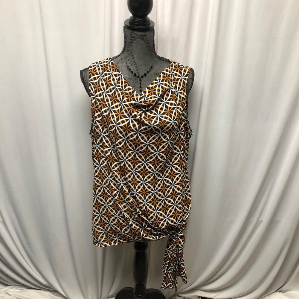 Worthington Blouse Womens Size XL Sleeveless Cowl Neck Geometric Top Bottom Tie